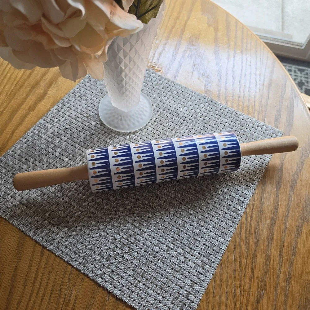Modern Blue & White Geometric Ceramic Rolling Pin with Wooden Handles |...